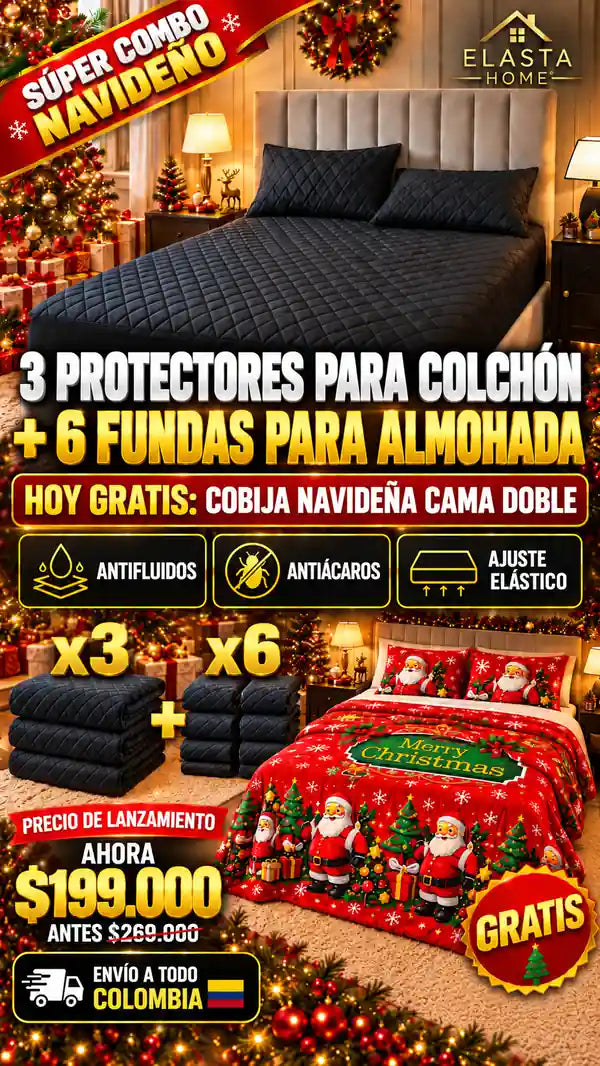GRAN COMBO NAVIDEÑO 3 PROTECTORES DE COLCHON + SEIS FUNDAS PAR ALMOHADA HOY GRATIS COBIJA NAVIDEÑA PARA CAMA DOBLE "ESCOGE AQUI TAMAÑO COLOR Y OBSEQUIO"👇