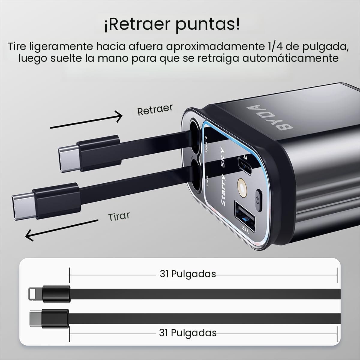 Starlight - Cargador retráctil para automóvil con cables retráctiles, 4 en 1, cargador USB C súper rápido