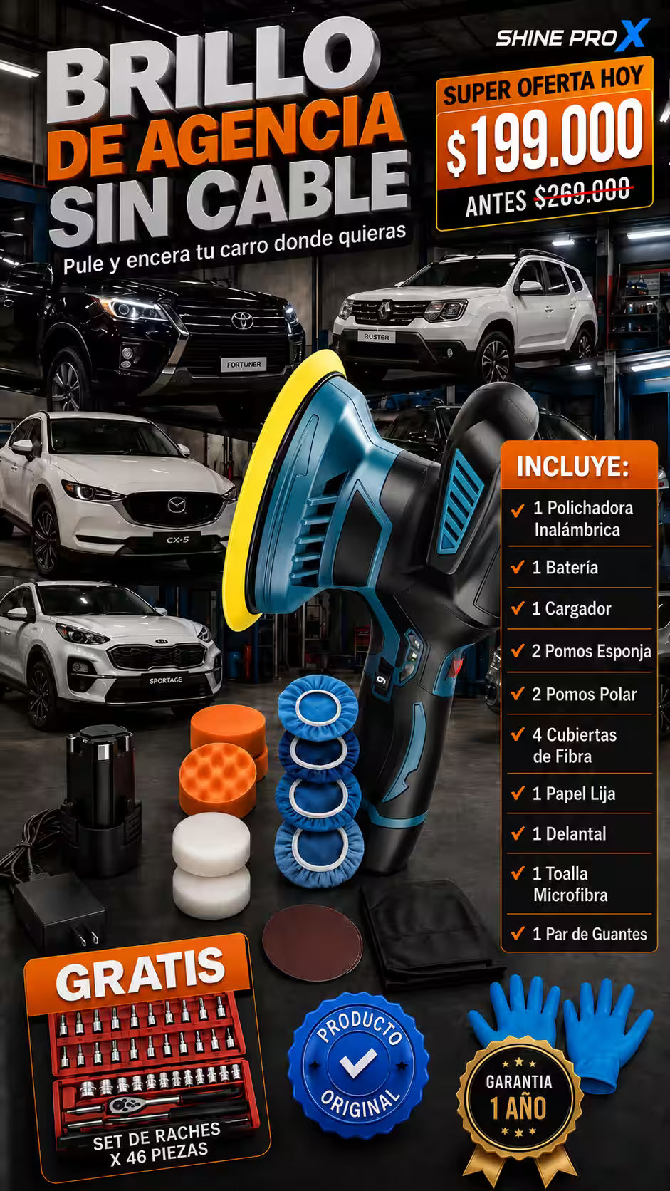 POLICHADORA INHALAMBRICA *ShinePro*Sistema inalámbrico de pulido de precisión*incluye accesorios gratis set de raches x 46 pìezas