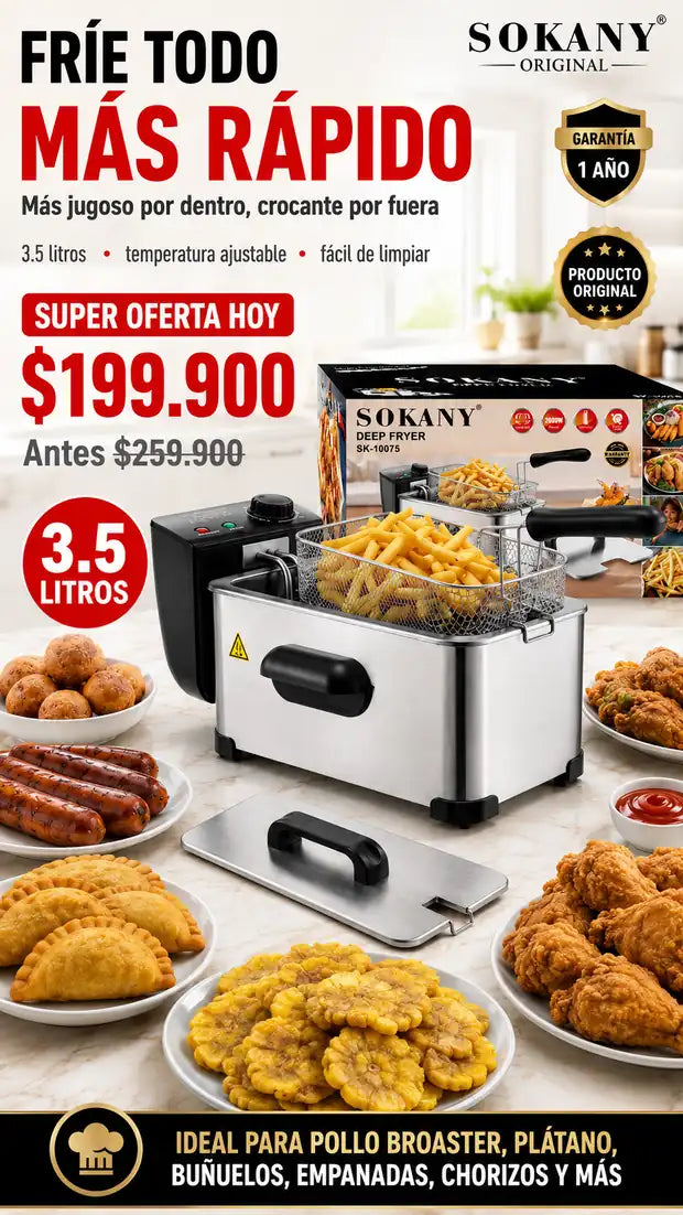FREIDORA SOKANY ORIGINAL 3.5 LITROS Tus antojos Dorados y crocantes por fuera suaves y jugosos por dentro