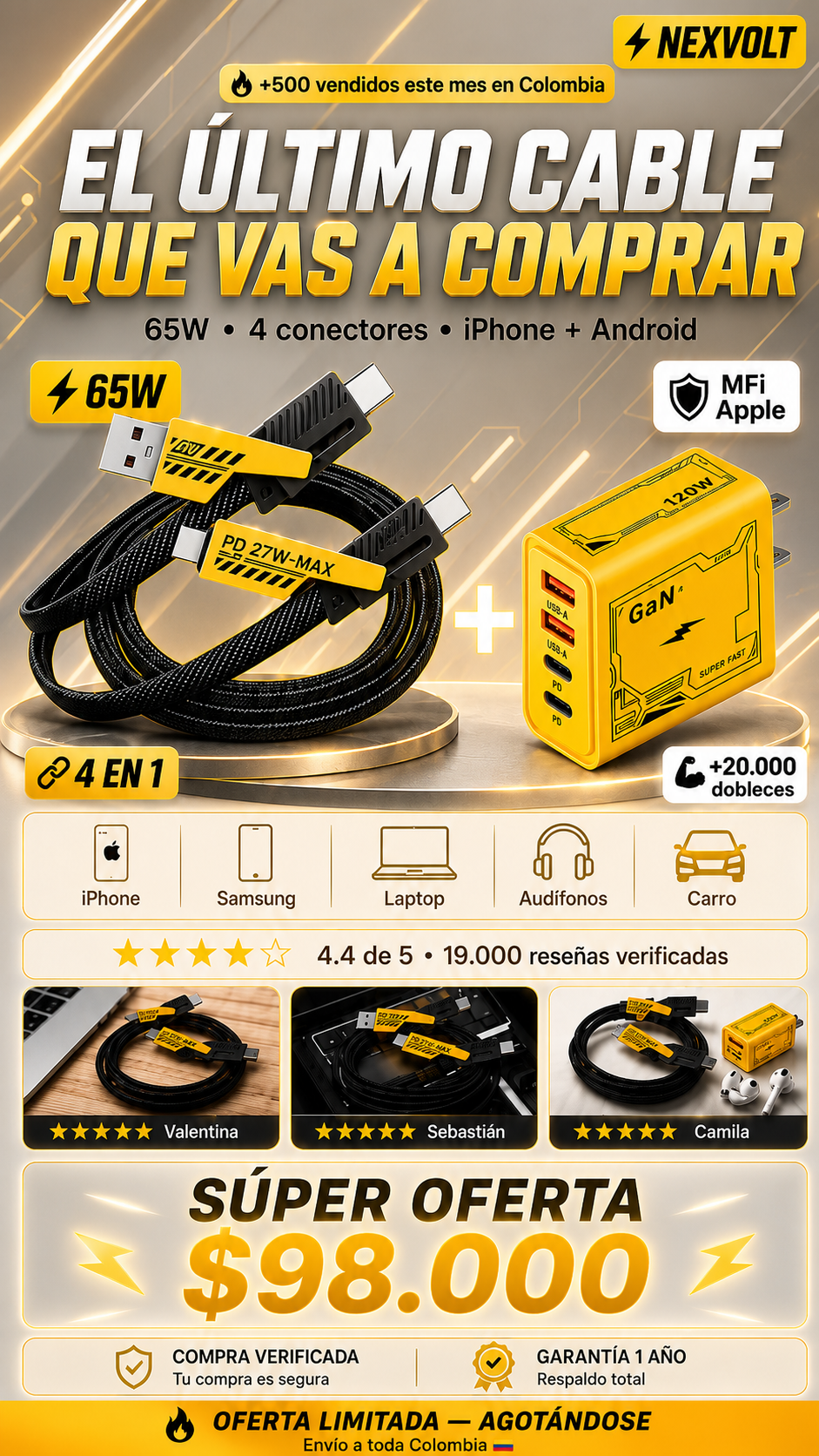 Carga todo en minutos. No en horas con NEXVOLT. *Deja de botar plata en cables baratos que duran meses