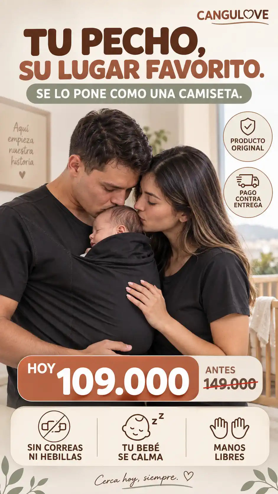 Tu pecho regula la temperatura de tu bebé, calma su llanto y lo hace dormir. La camiseta canguro CANGULOVE te deja tenerlo ahí todo el día, con las manos libres