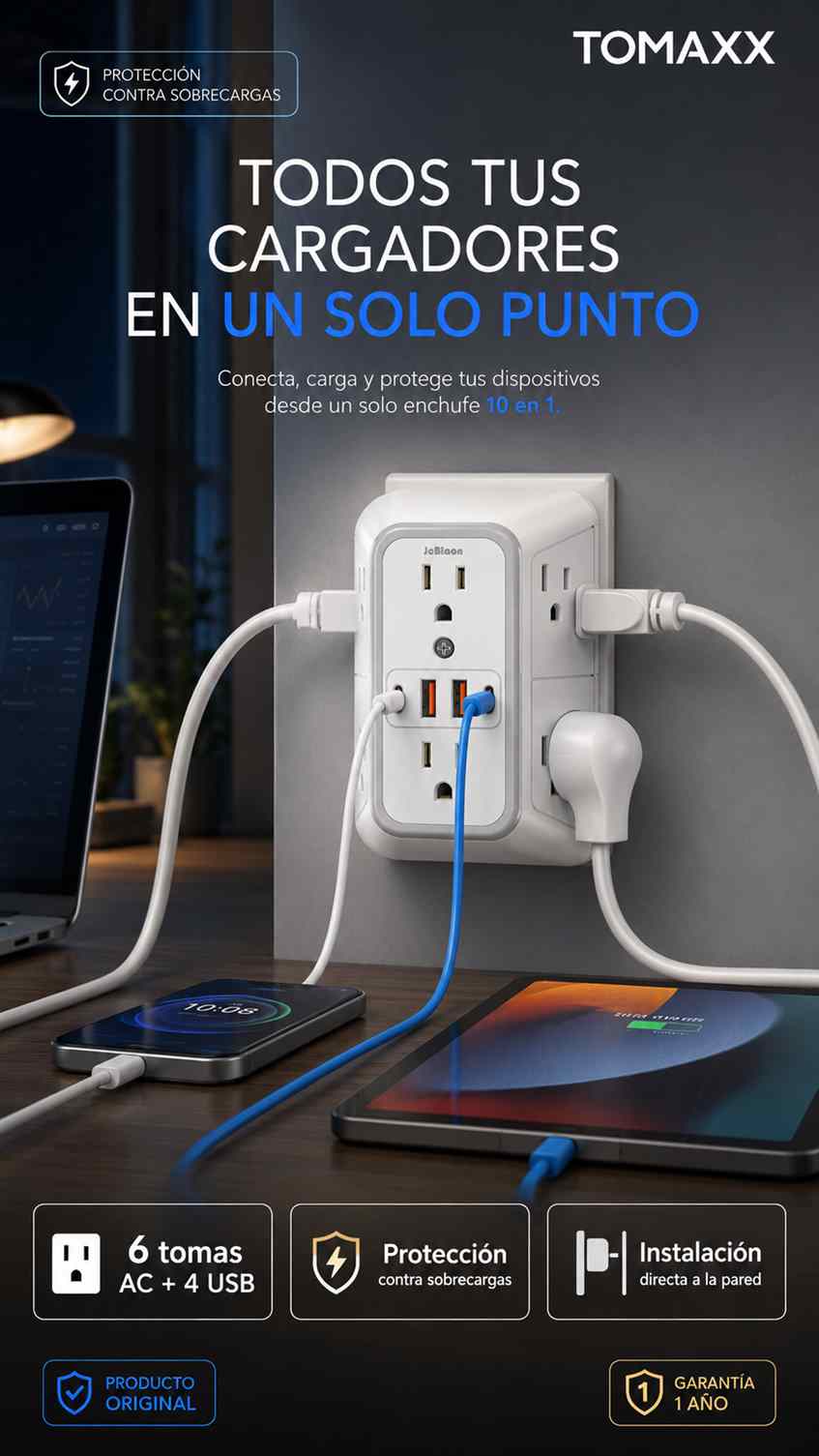 TOMAXX convierte cualquier toma de pared en una estación de carga completa: 6 tomas +  (2 USB-C + 2 USB-A) + LUZ LED