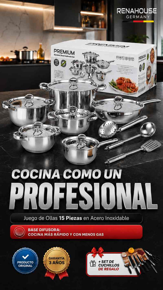 "Cambia esas ollas viejas que dan pena 🙈 ¡Estrena con RENAHOUSE ACERO 100% 12 PIEZAS + SET DE CUCHARONES EN ACERO GRATIS SET DE CUCHILLOS X 6 PIEZAS