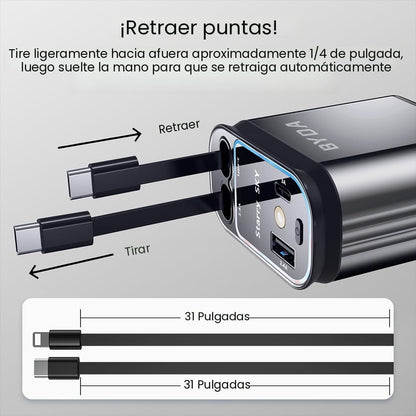 Starlight - Cargador retráctil para automóvil con cables retráctiles, 4 en 1, cargador USB C súper rápido