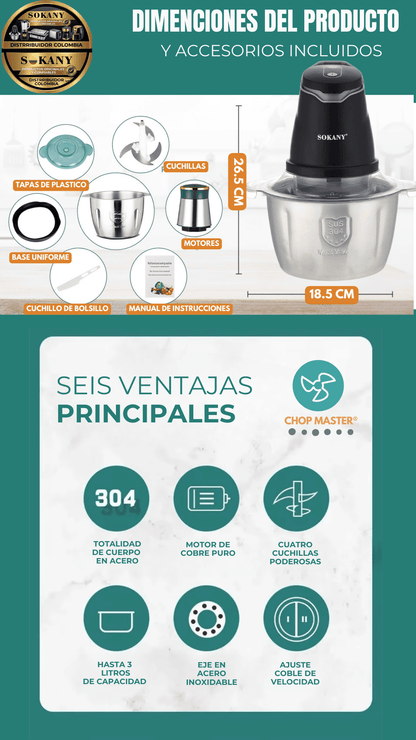 PICADORA SOKANY ORIGINAL® GRAN CAPACIDAD 2.5 LITROS  PICA ,MUELE Y TRITURA EN SEGUNDOS