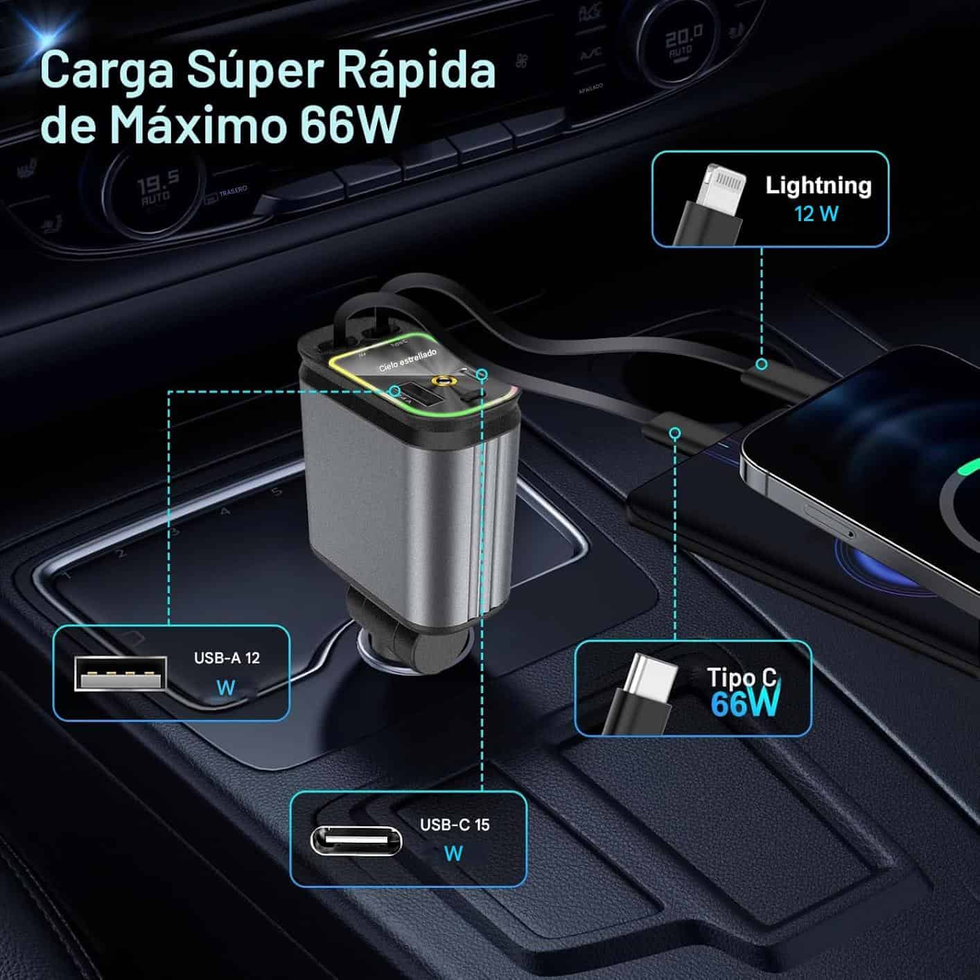Starlight - Cargador retráctil para automóvil con cables retráctiles, 4 en 1, cargador USB C súper rápido