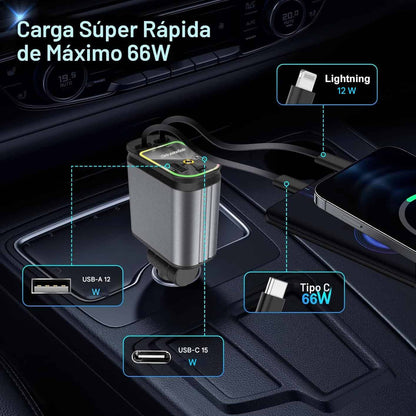 Starlight - Cargador retráctil para automóvil con cables retráctiles, 4 en 1, cargador USB C súper rápido