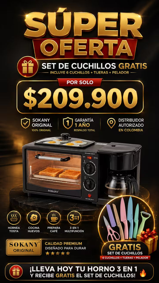 Horno 3 en 1 SOKANY Original 🎁SOLO POR HOY GRATIS SET DE CUCHILLOS X 6 PIEZAS🎁