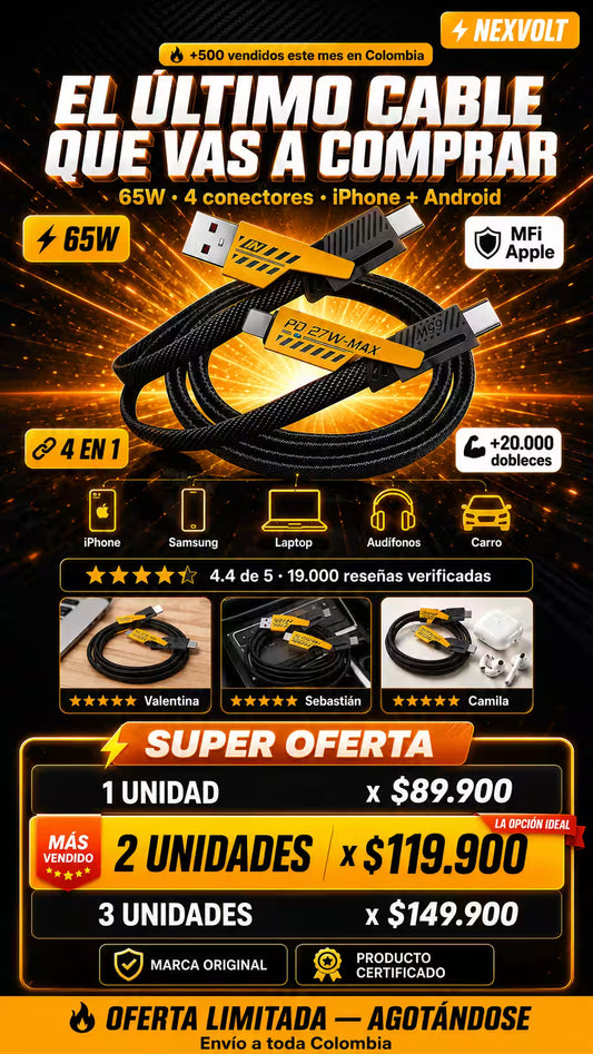Carga todo en minutos. No en horas con  NEXVOLT. *Deja de botar plata en cables baratos que duran meses