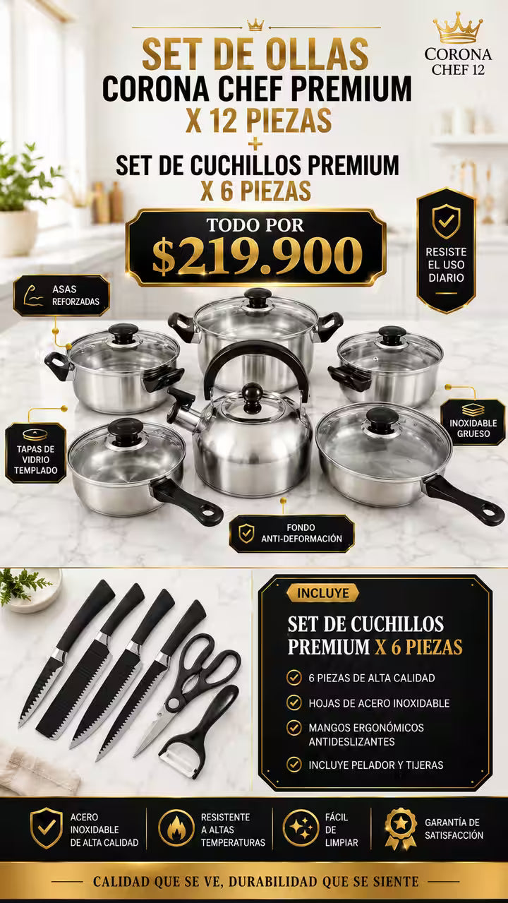 "Cambia esas ollas viejas que dan pena 🙈 ¡Estrena con CORONA CHEF 12 piezas + set de cuchillos x 6 piezas