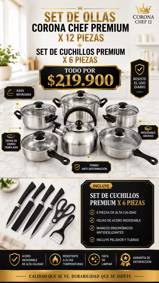 "Cambia esas ollas viejas que dan pena 🙈 ¡Estrena con CORONA CHEF 12 piezas + set de cuchillos x 6 piezas