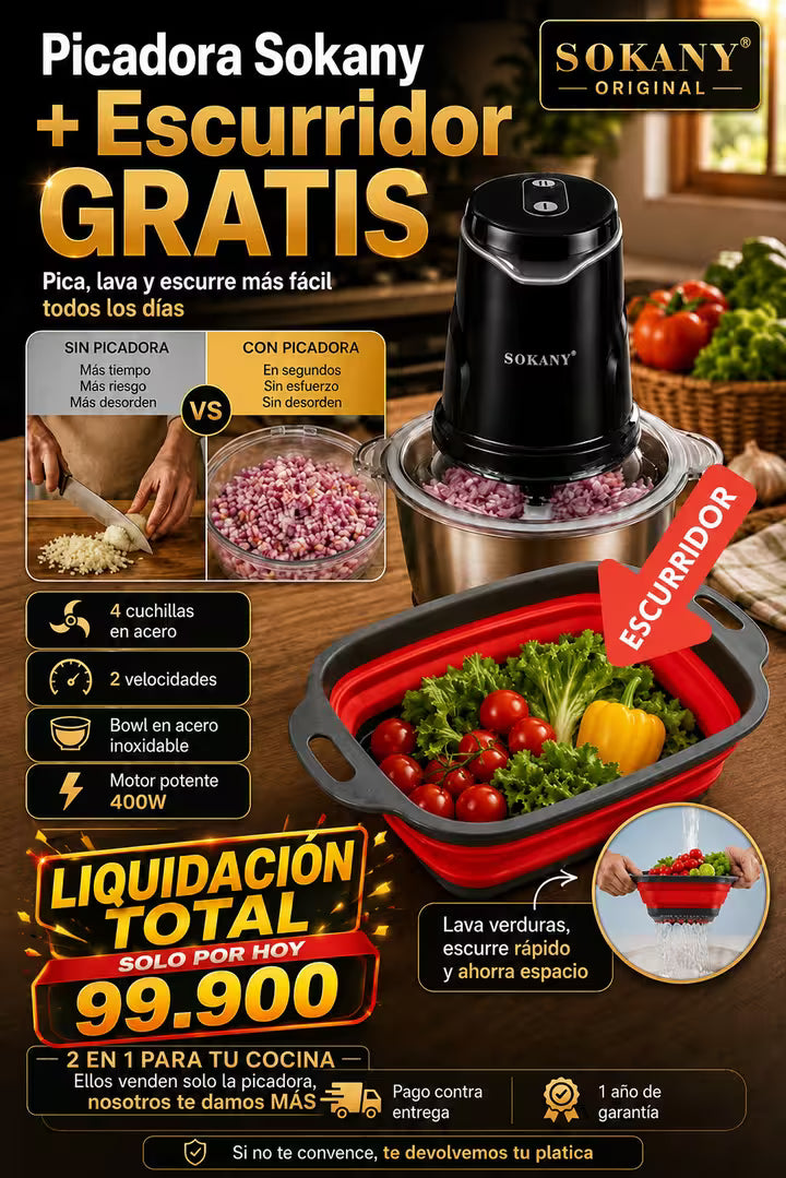 Picadora Sokany Original + Escurridor Gratis - Pica tritura y muele carne , vegetales ,frutos secos HOY GRATIS ESCURRIDOR MULTIUSOS
