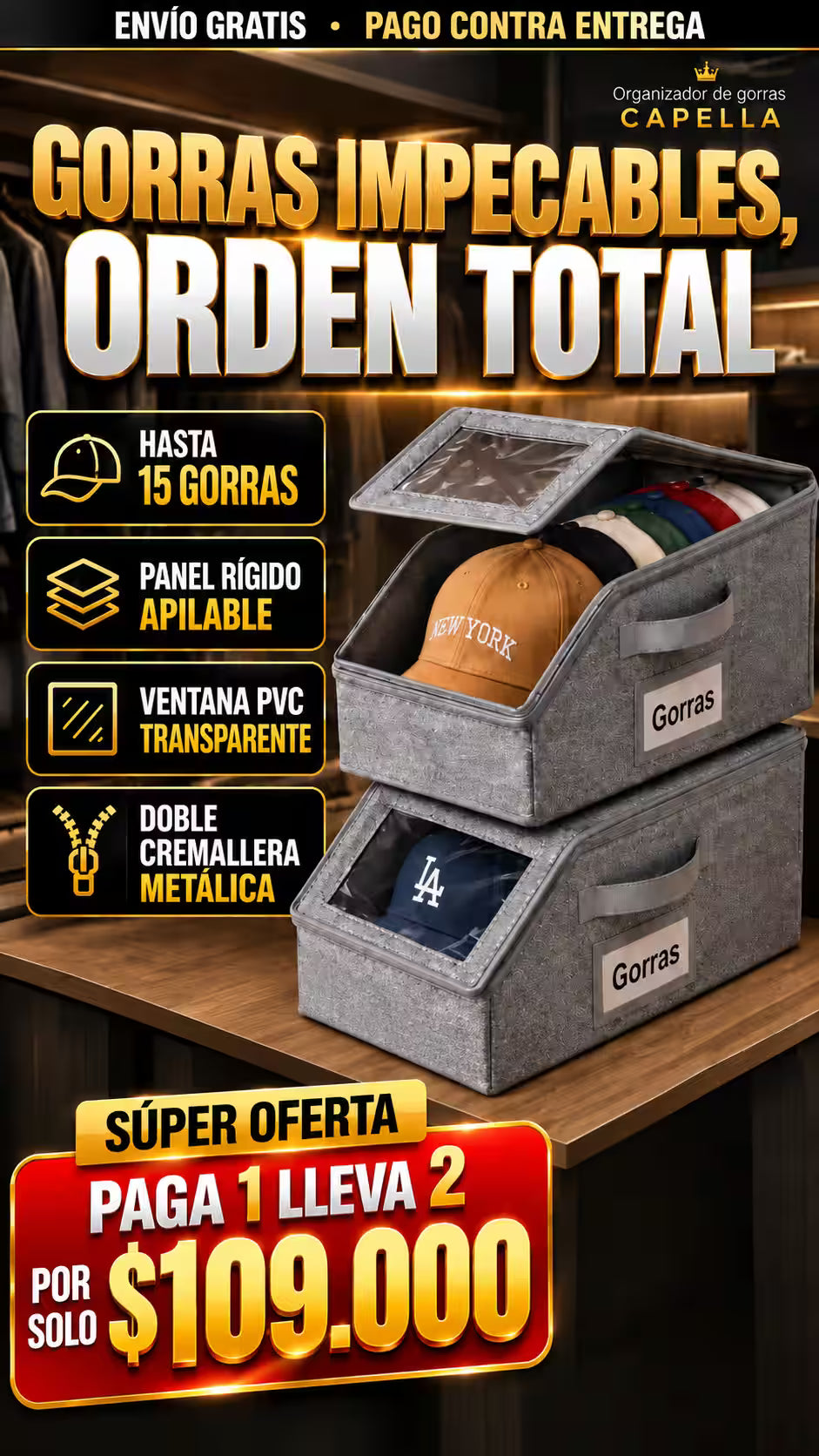¿Gorras aplastadas y deformadas en el clóset? El organizador CAPELLA cuida su forma y las exhibe como en tienda HOY PAGA 1 LLEVA 2