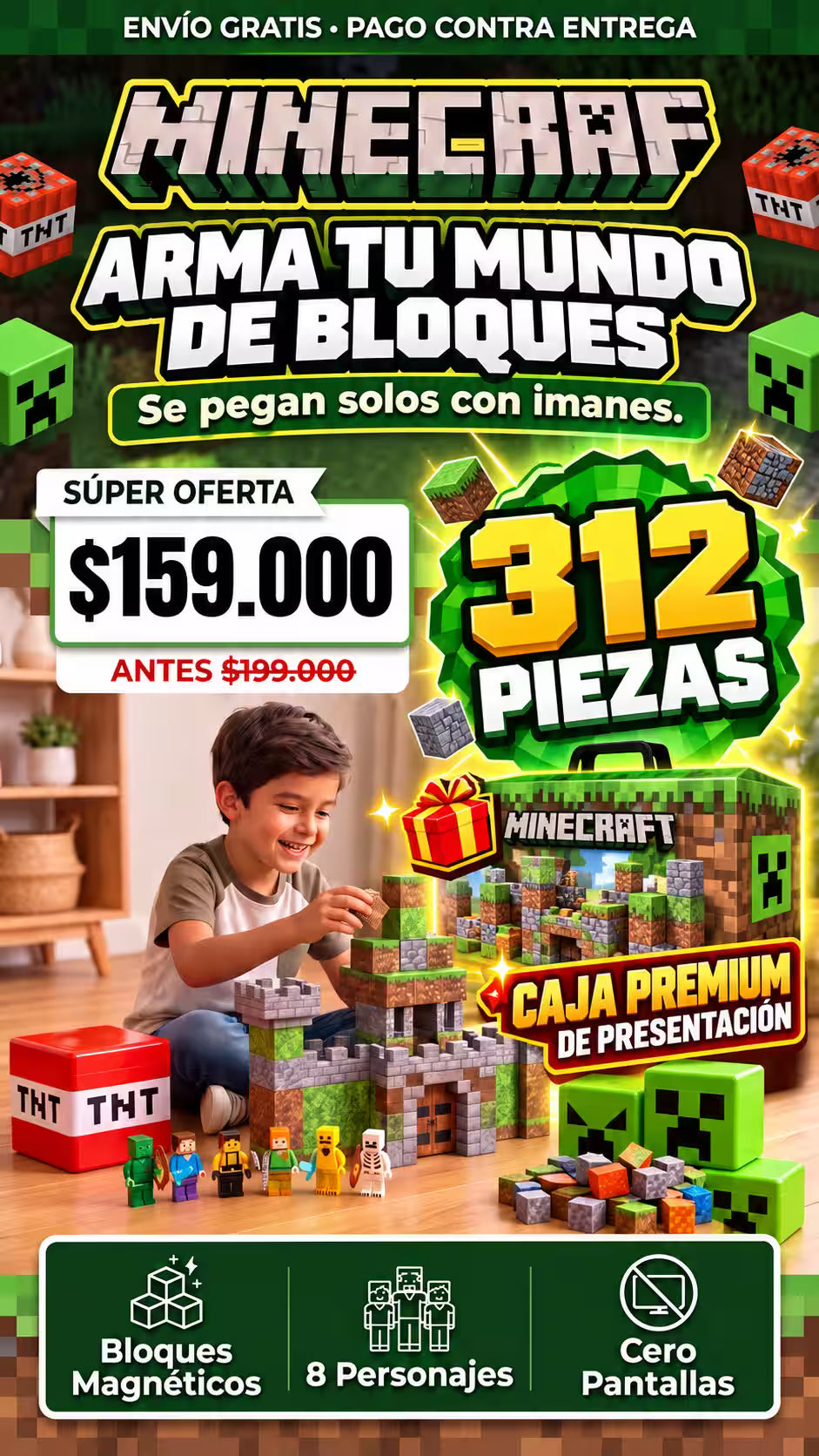 312 PIEZAS + figuras + estuche premiun Estimula la mente de tu hijo con MINECRAF magnético