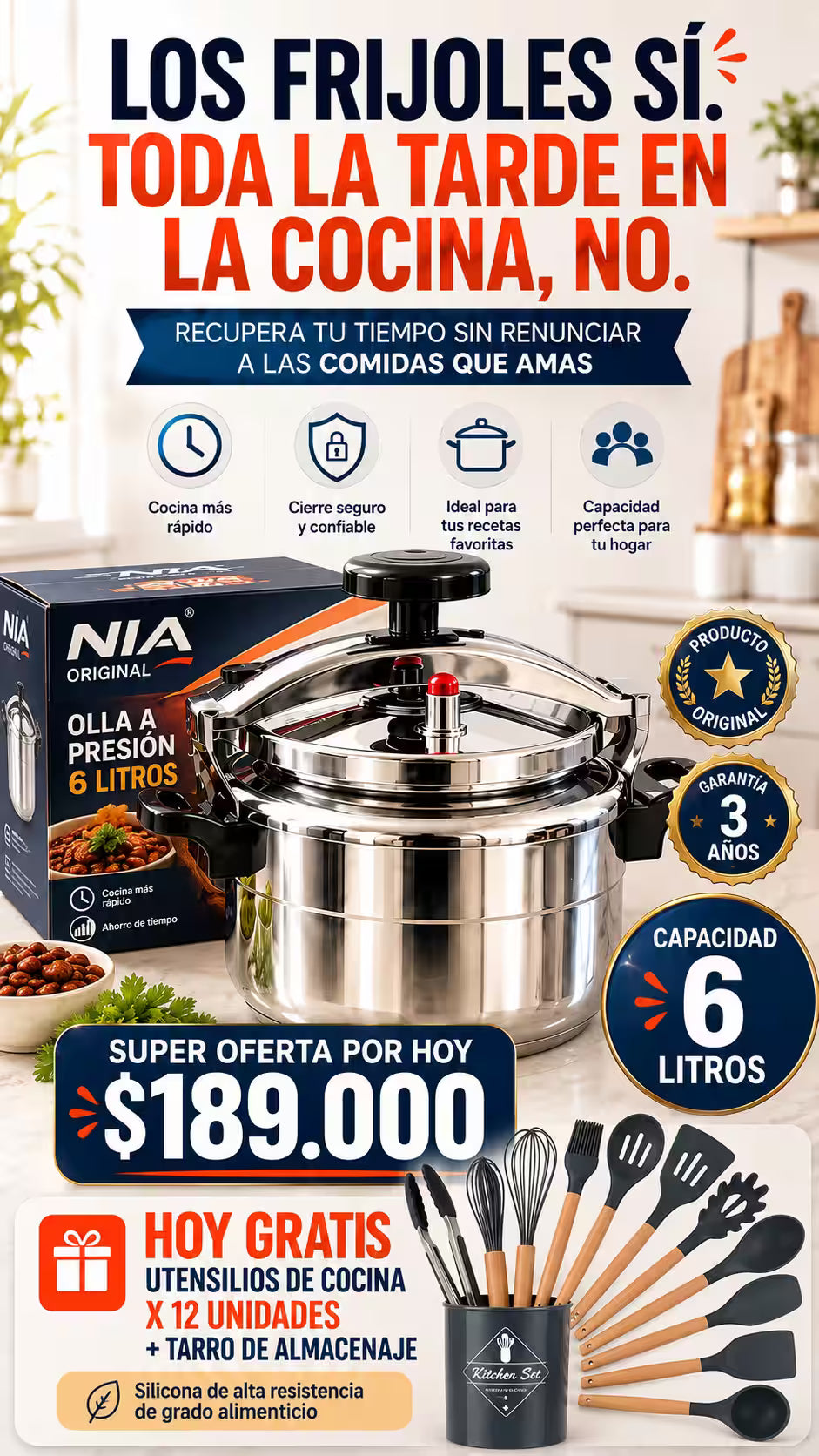OLLA A  PRESION  ORIGINAL 6 LITROS NIA  🎁HOY GRATIS SET DE UTENSILIOS DE COCINA X 12 PIEZAS 🎁 GARANTIA 3 AÑOS