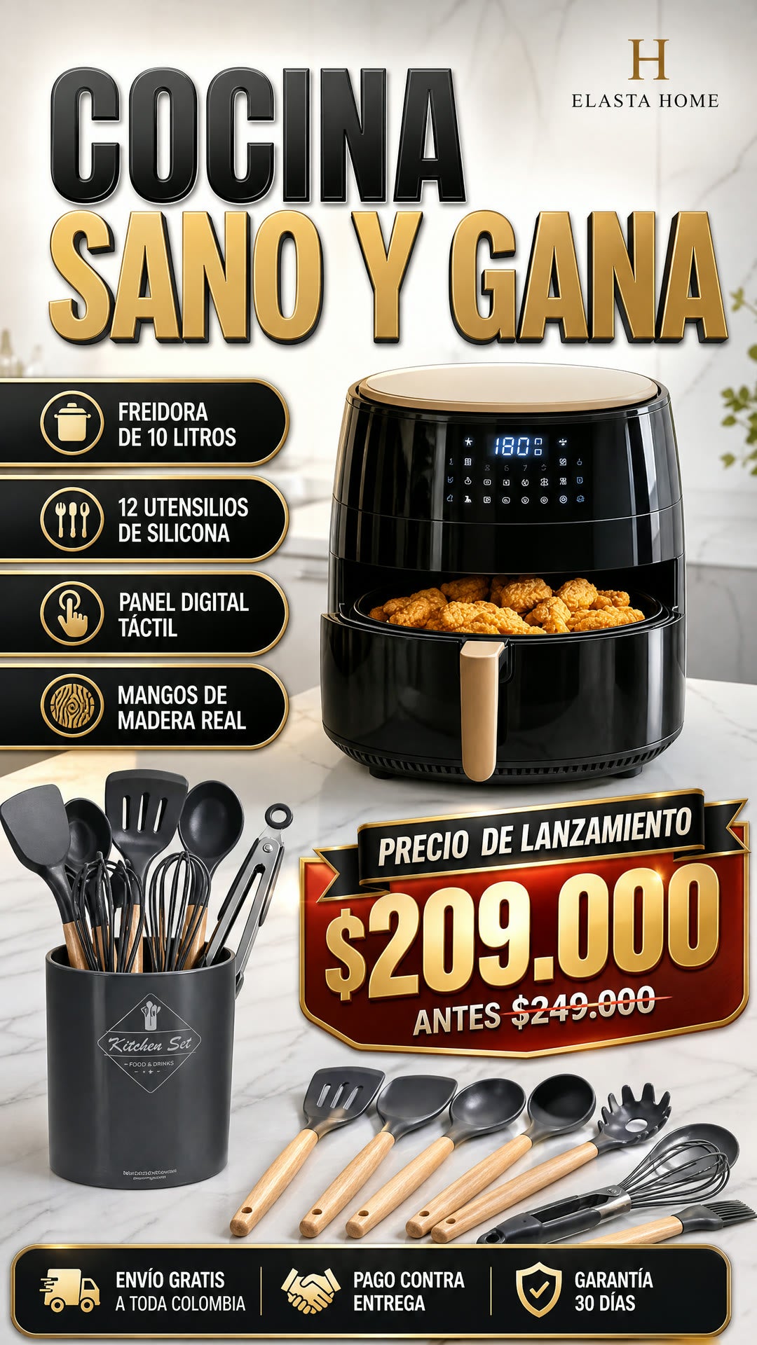 FREIDORA DE AIRE ORIGINAL 10 LITROS + SET DE UTENSILIOS DE COCINA X 12 PIEZAS SUPER OFERTA GARANTIA 1 AÑO