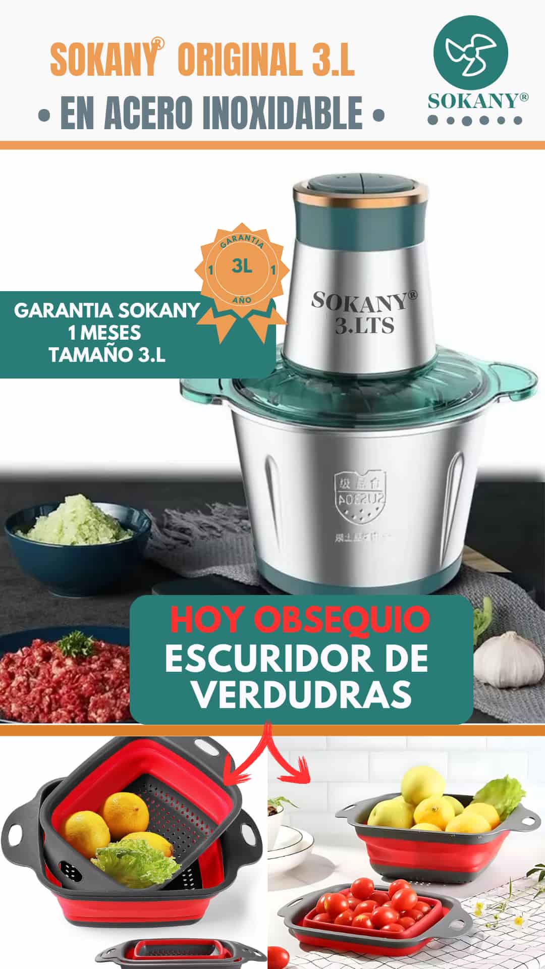 PICADORA SOKANY ORIGINAL® GRAN CAPACIDAD 3 LITROS  PICA ,MUELE Y TRITURA EN SEGUNDOS 🔥GRATIS ESCURRIDOR MULTIUSOS🔥