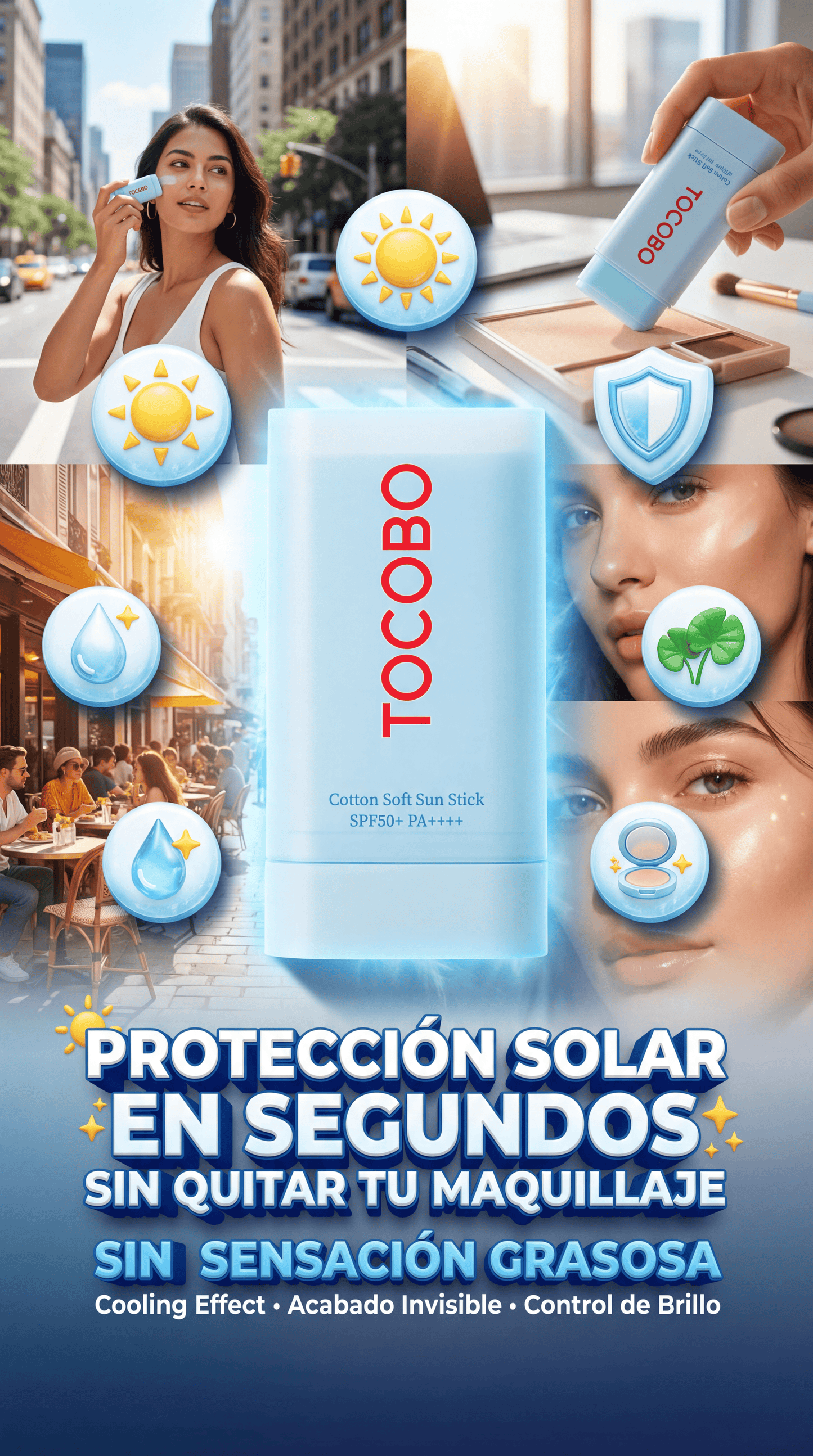 TOCOBO-STICK™PROTECTOR SOLAR EN BARRA. Lo aplicas en segundos,Tu maquillaje sigue intacto, Sin sensación grasosa.